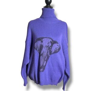 BF Purple Graphic Elephant Wool Long Sleeve Cozy Vintage Turtleneck Sweater